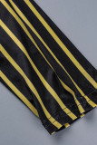 Gold Casual Striped Print Cardigan Pants V Neck Long Sleeve Two Pieces