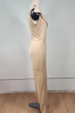 Pink Casual Solid Patchwork V Neck Straight Jumpsuits