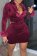 Burgundy Sexy Solid Feathers V Neck Long Sleeve Two Pieces