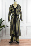 Gold Casual Striped Print Cardigan Pants V Neck Long Sleeve Two Pieces