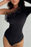 Black Sexy Casual Solid Patchwork Backless Oblique Collar Skinny Romper