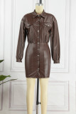 Dark Brown Casual Solid Patchwork Turndown Collar Long Sleeve Dresses
