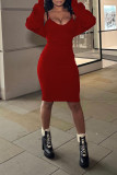 Red Sexy Solid Patchwork Spaghetti Strap Long Sleeve Two Pieces