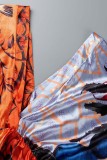 Orange Yellow Casual Print Patchwork V Neck Irregular Dress Plus Size Dresses