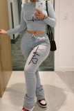 Grey Casual Print Patchwork Half A Turtleneck Long Sleeve Two Pieces