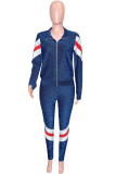 Blue Casual Patchwork Contrast Zipper Collar Long Sleeve Two Pieces