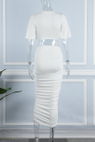 White Sexy Solid Fold O Neck Short Sleeve Two Pieces