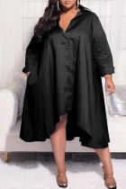 Black Casual Solid Patchwork Buckle Asymmetrical Turndown Collar Shirt Dress Plus Size Dresses