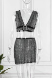 Black Sexy Patchwork Hot Drilling See-through Backless V Neck Sleeveless Two Pieces
