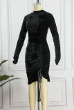 Black Casual Solid Draw String Frenulum Fold Turtleneck Long Sleeve Dresses