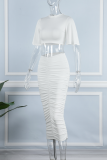 White Sexy Solid Fold O Neck Short Sleeve Two Pieces