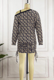Multicolor Casual Print Patchwork Oblique Collar Long Sleeve Dresses
