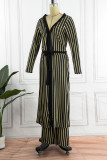 Gold Casual Striped Print Cardigan Pants V Neck Long Sleeve Two Pieces
