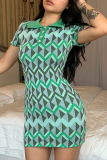 Green Sexy Print Draw String Turndown Collar Pencil Skirt Dresses