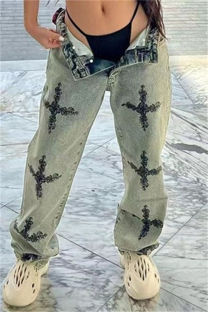 Yellow Casual Vintage Print Patchwork Low Waist Straight Denim Jeans