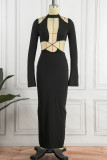 Black Sexy Solid Patchwork Backless O Neck Long Sleeve Dresses