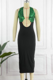 Gold Sexy Solid Sequins Patchwork Backless Halter Pencil Skirt Dresses