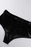 Black Sexy Patchwork Frenulum See-through Backless Slit Oblique Collar Long Sleeve Three-piece Set