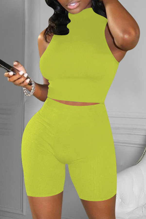 Lemon Yellow Casual Solid Patchwork Half A Turtleneck Sleeveless Two Pieces