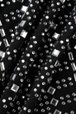 Black Sexy Patchwork Hot Drilling See-through Backless V Neck Sleeveless Two Pieces