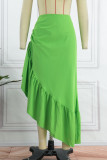 Green Casual Solid Patchwork Asymmetrical Regular High Waist Skirts