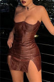 Brown Sexy Solid Patchwork Backless Slit Strapless Sleeveless Dress Dresses
