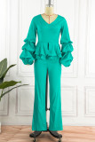 Ink Green Casual Solid Patchwork V Neck Regular Jumpsuits