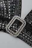 Black Sexy Patchwork Hot Drilling See-through Backless V Neck Sleeveless Two Pieces
