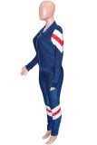 Blue Casual Patchwork Contrast Zipper Collar Long Sleeve Two Pieces