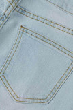 Deep Blue Casual Solid Ripped Patchwork Metal Accessories Decoration High Waist Skinny Denim Jeans