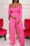 Pink Casual Solid Basic Off the Shoulder Long Sleeve Two Pieces