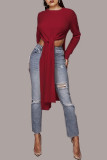 Purplish Red Casual Solid Slit O Neck Tops (Without Belt)