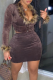 Dark Brown Sexy Solid Feathers V Neck Long Sleeve Two Pieces