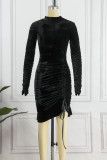 Black Casual Solid Draw String Frenulum Fold Turtleneck Long Sleeve Dresses