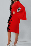 Red Casual Print Patchwork O Neck One Step Skirt Dresses