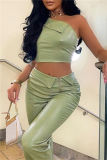 Green Sexy Casual Solid Backless Oblique Collar Sleeveless Two Pieces