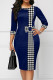 Deep Blue Casual Print Patchwork O Neck One Step Skirt Dresses
