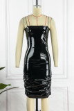 Rose Red Sexy Solid Backless Fold Spaghetti Strap Sleeveless Dress Dresses