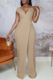 Pink Casual Solid Patchwork V Neck Straight Jumpsuits