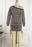 Multicolor Casual Print Patchwork Oblique Collar Long Sleeve Dresses