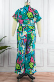 Multicolor Casual Print Patchwork Turndown Collar Regular Jumpsuits