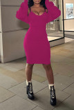 Red Sexy Solid Patchwork Spaghetti Strap Long Sleeve Two Pieces