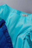 Blue Casual Daily Patchwork Contrast O Neck Long Sleeve Dresses