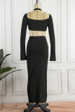 Black Sexy Solid Patchwork Backless O Neck Long Sleeve Dresses