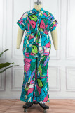 Multicolor Casual Print Patchwork Turndown Collar Regular Jumpsuits
