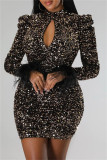 Green Sexy Patchwork Hollowed Out Sequins O Neck Long Sleeve Dresses