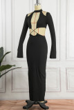Black Sexy Solid Patchwork Backless O Neck Long Sleeve Dresses