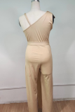 Pink Casual Solid Patchwork V Neck Straight Jumpsuits