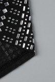Black Sexy Patchwork Hot Drilling See-through Backless V Neck Sleeveless Two Pieces
