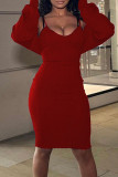 Red Sexy Solid Patchwork Spaghetti Strap Long Sleeve Two Pieces
